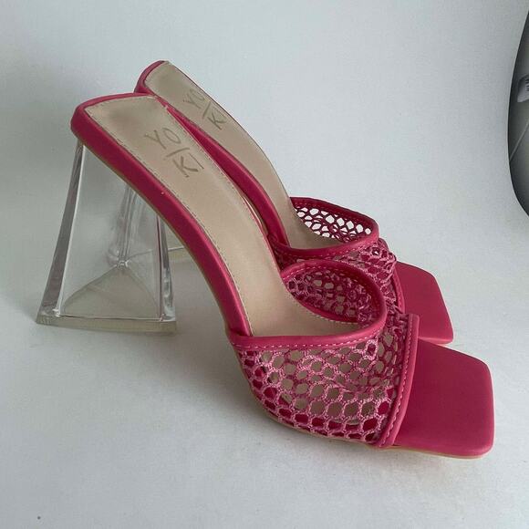Yoki Draya Clear Block Open Square Toe High Heels Net Face Fuchsia Pink Size 8 - Picture 3 of 7